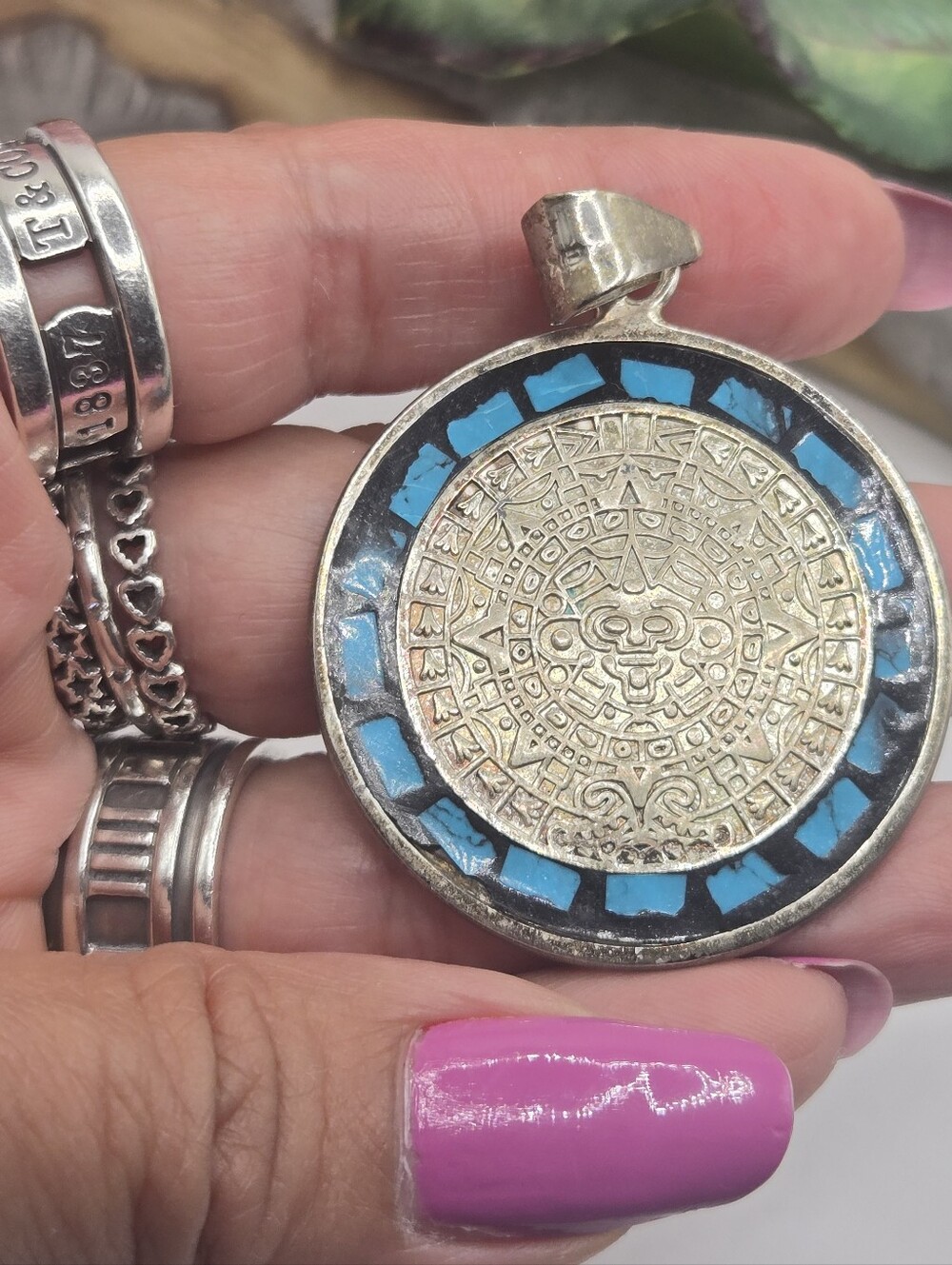 Sterling Silver Vintage Style 1960-1980 Turquoise Inlay Aztec Calendar Pendant